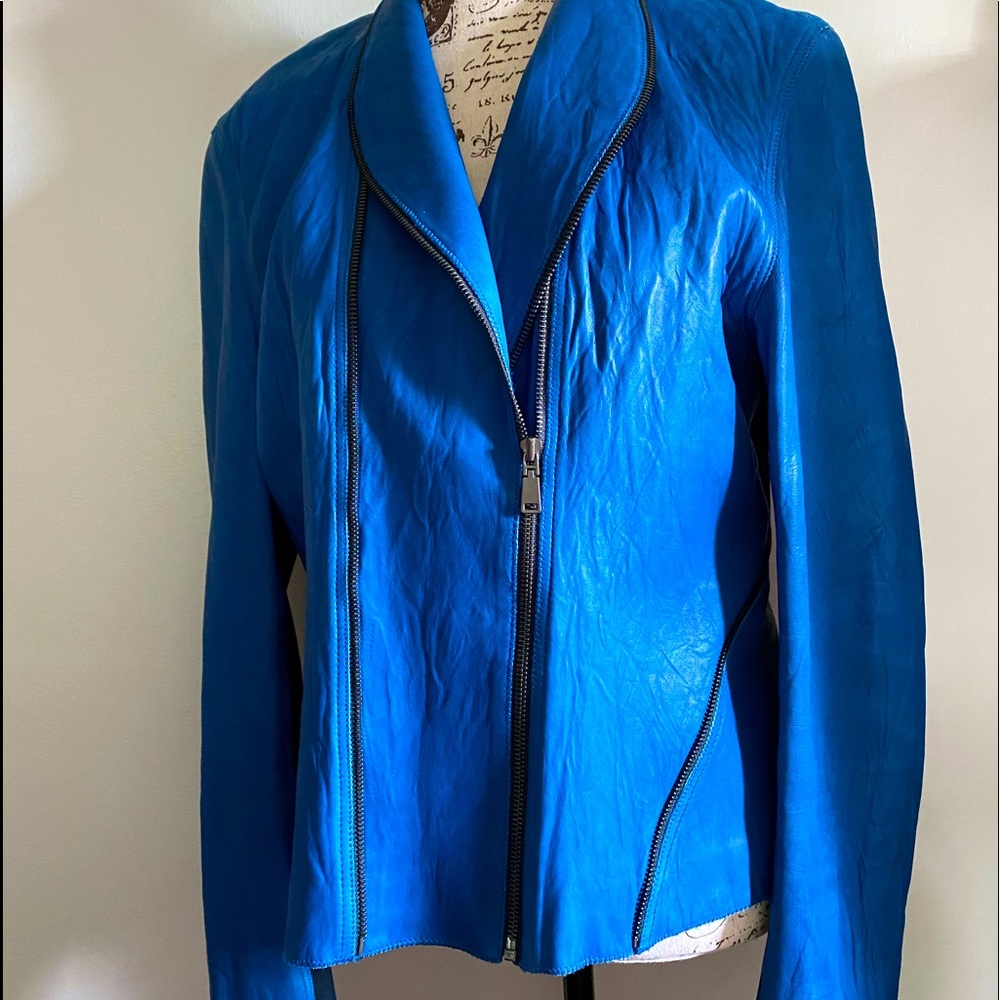 Elie Tahari Yasmine Blue Leather Jacket